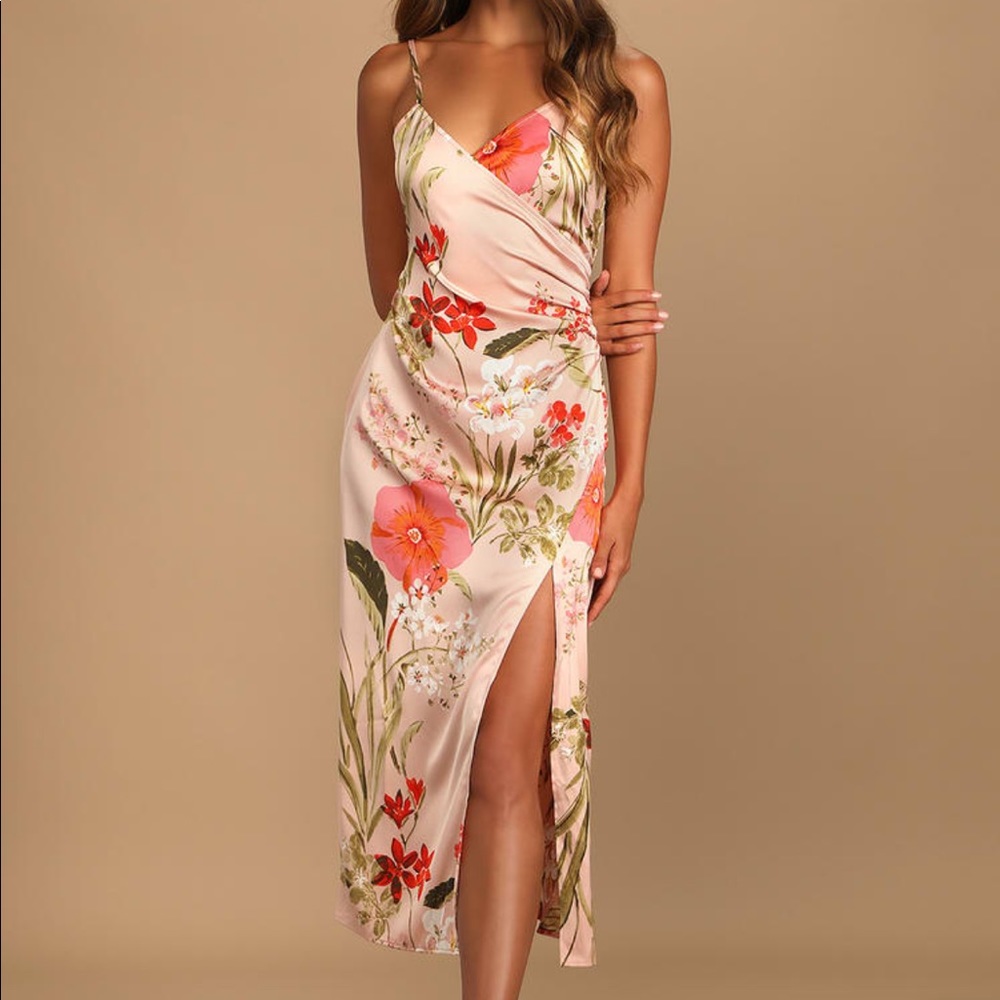 Lulus Pink Floral Print Satin Midi Dress